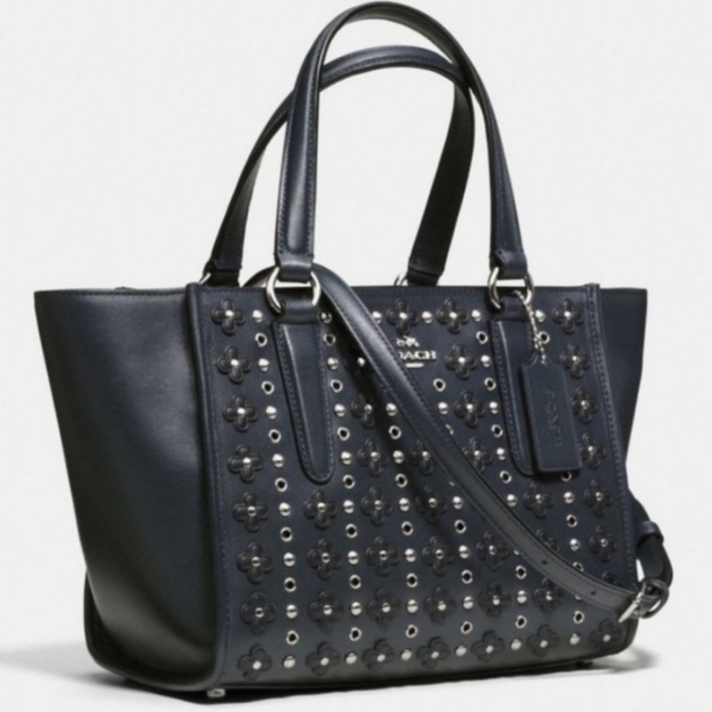 COACH Navy Mini Crosby Carryall Satchel Handbag w/Black Floral & Rivet Details - Picture 4 of 16